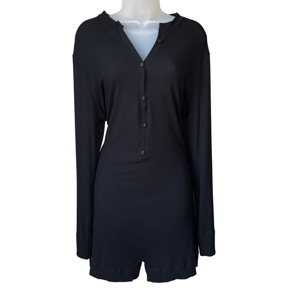 Skims Soft Lounge Button Up Henley Onesie - Onyx - 4x / Black Knit Pajama Romper